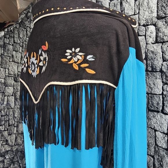 John Moon Texas cowgirl XXL Button down western top with fringe.  Teal/black - Picture 11 of 16